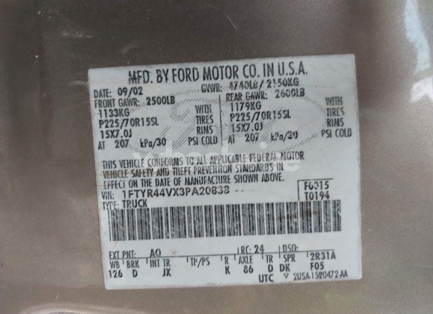 Photo 9 of 2003 Ford Ranger EDGE/TREMOR/XLT (VIN 1FTYR44VX3PA20838)