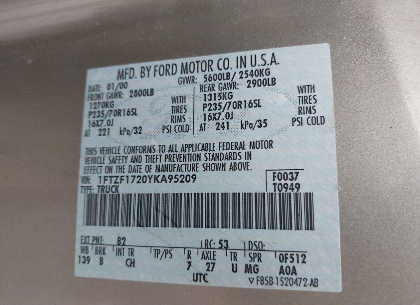 Photo 9 of 2000 Ford F-150 WORK SERIES/XL/XLT (VIN 1FTZF1720YKA95209)