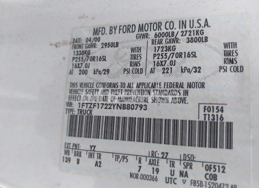 Photo 9 of 2000 Ford F-150 WORK SERIES/XL/XLT (VIN 1FTZF1722YNB80793)