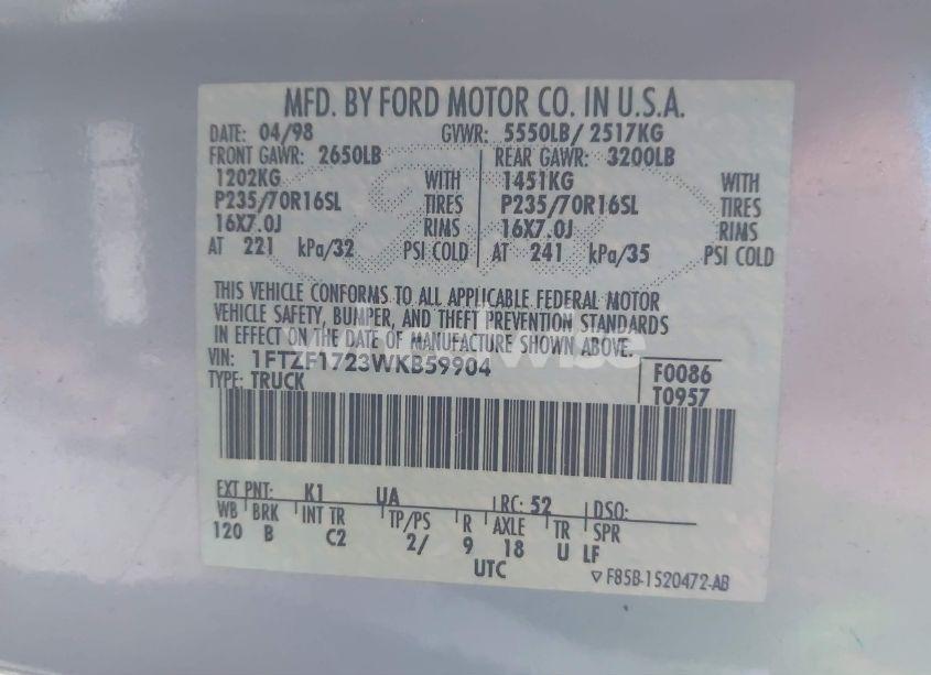 Photo 9 of 1998 Ford F-150 STANDARD/XL/XLT (VIN 1FTZF1723WKB59904)