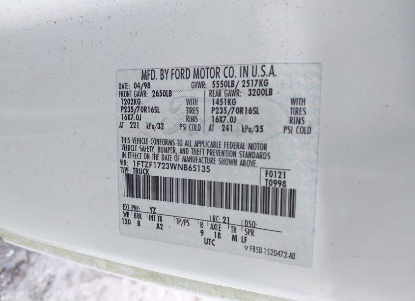 Photo 9 of 1998 Ford F-150 STANDARD/XL/XLT (VIN 1FTZF1723WNB65135)