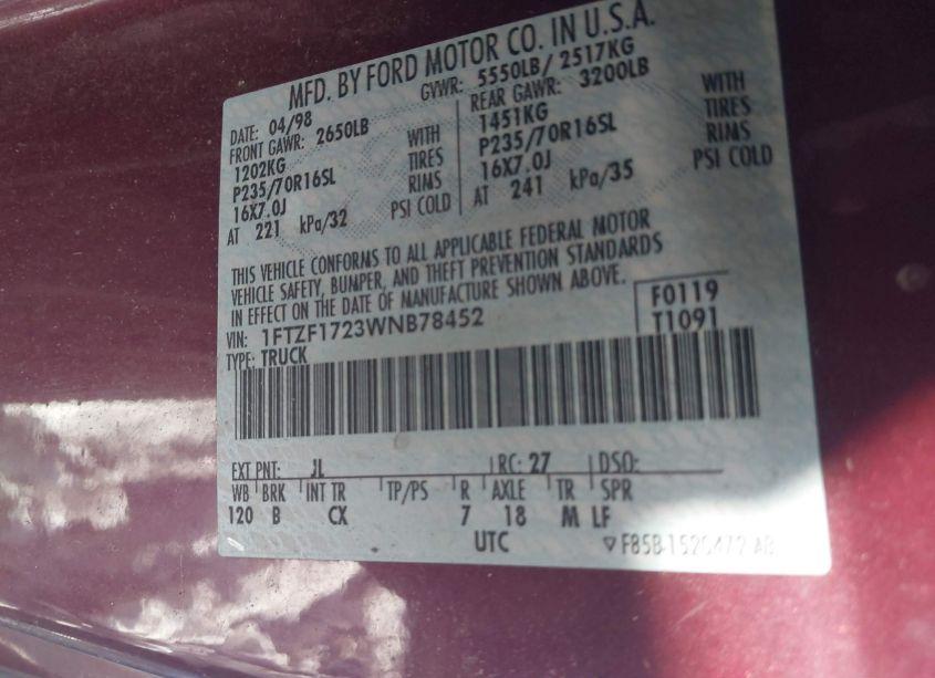 Photo 9 of 1998 Ford F-150 STANDARD/XL/XLT (VIN 1FTZF1723WNB78452)