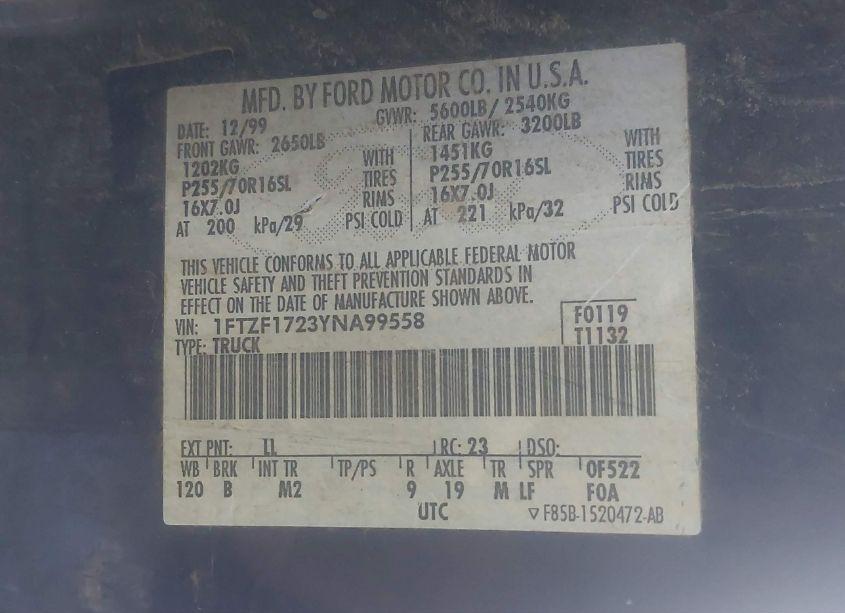 Photo 9 of 2000 Ford F-150 WORK SERIES/XL/XLT (VIN 1FTZF1723YNA99558)