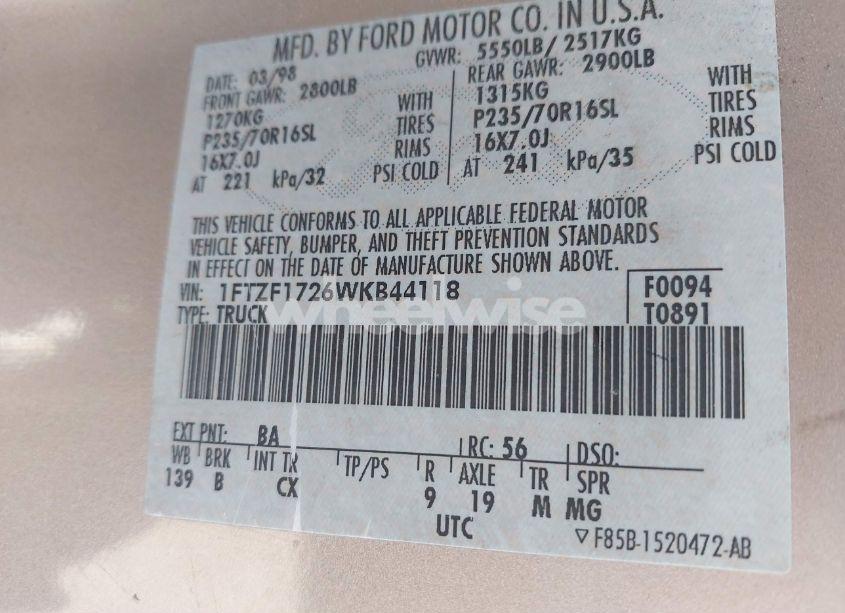 Photo 9 of 1998 Ford F-150 STANDARD/XL/XLT (VIN 1FTZF1726WKB44118)