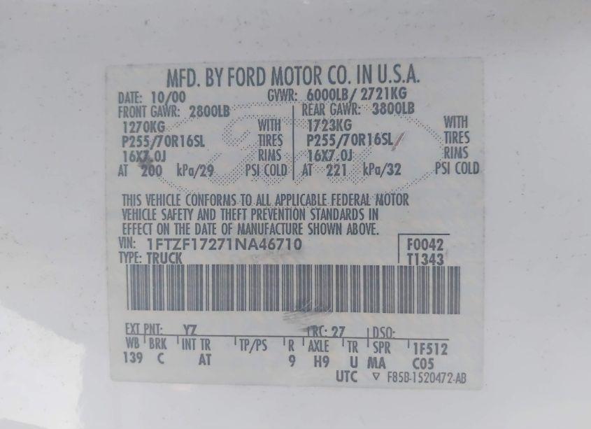 Photo 9 of 2001 Ford F-150 XL/XLT (VIN 1FTZF17271NA46710)