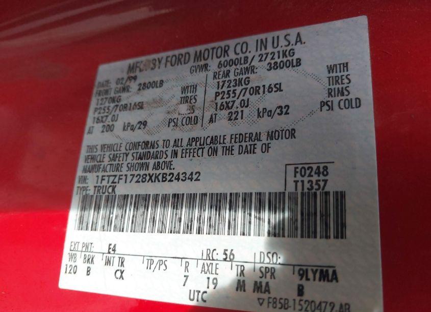 Photo 9 of 1999 Ford F-150 WORK SERIES/XL/XLT (VIN 1FTZF1728XKB24342)