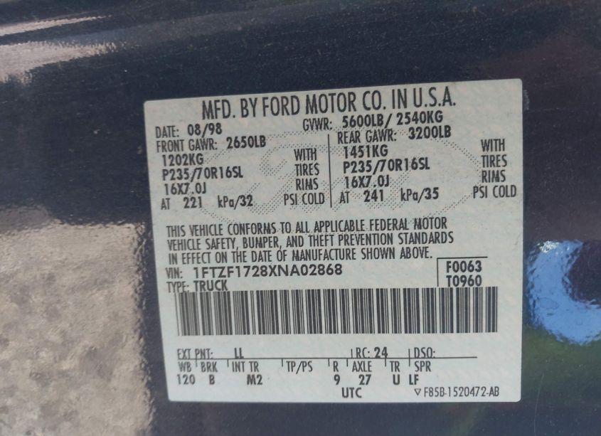 Photo 9 of 1999 Ford F-150 WORK SERIES/XL/XLT (VIN 1FTZF1728XNA02868)