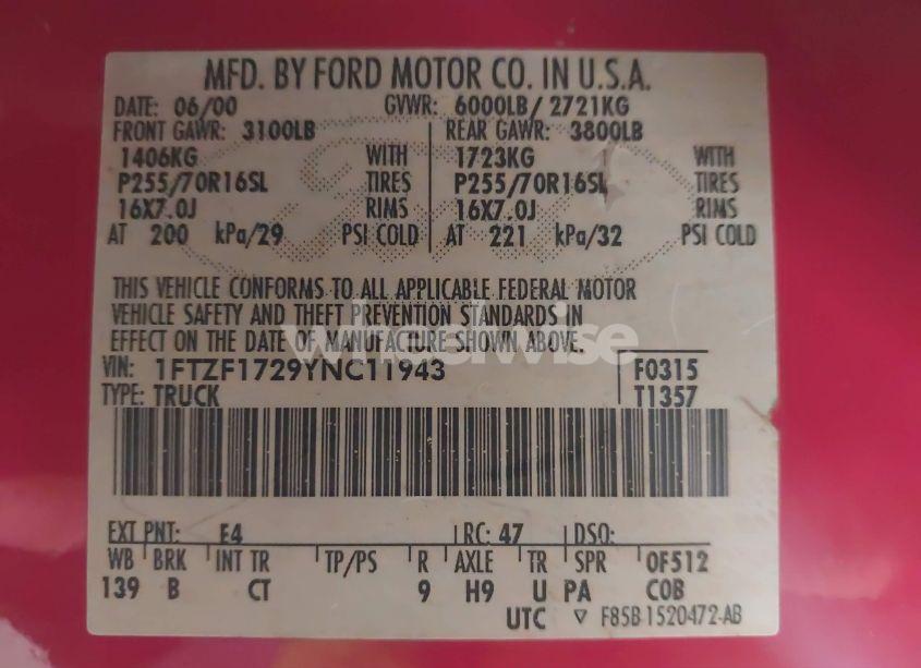 Photo 9 of 2000 Ford F-150 WORK SERIES/XL/XLT (VIN 1FTZF1729YNC11943)