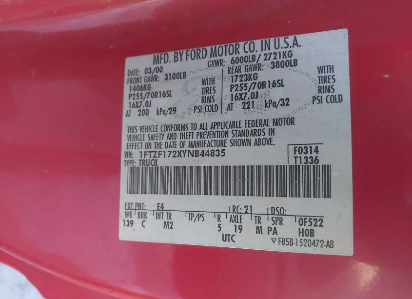 Photo 9 of 2000 Ford F-150 WORK SERIES/XL/XLT (VIN 1FTZF172XYNB44835)