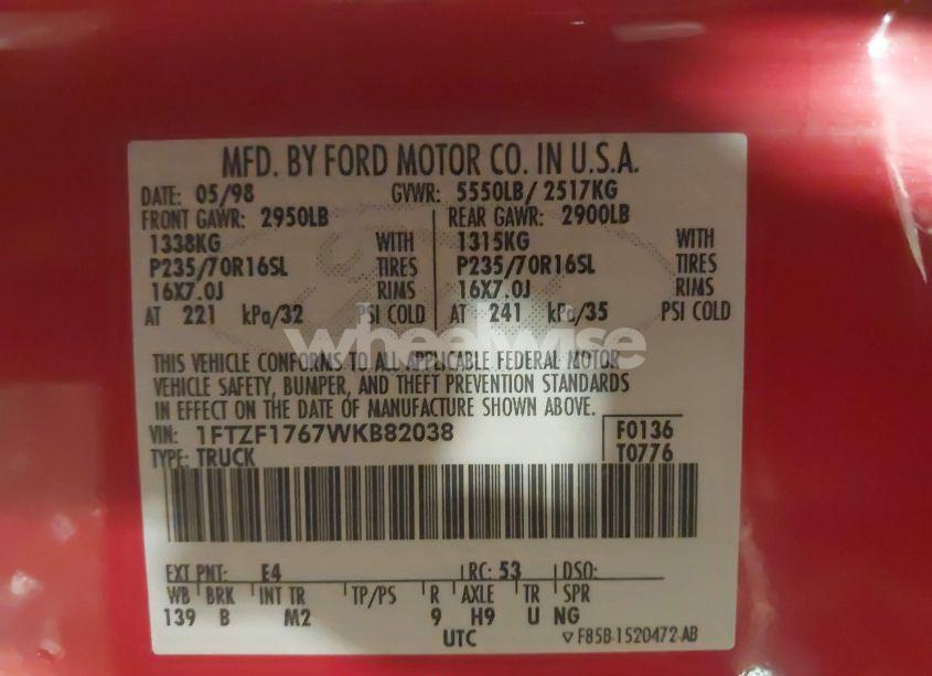 Photo 9 of 1998 Ford F-150 LARIAT/STANDARD/XL/XLT (VIN 1FTZF1767WKB82038)