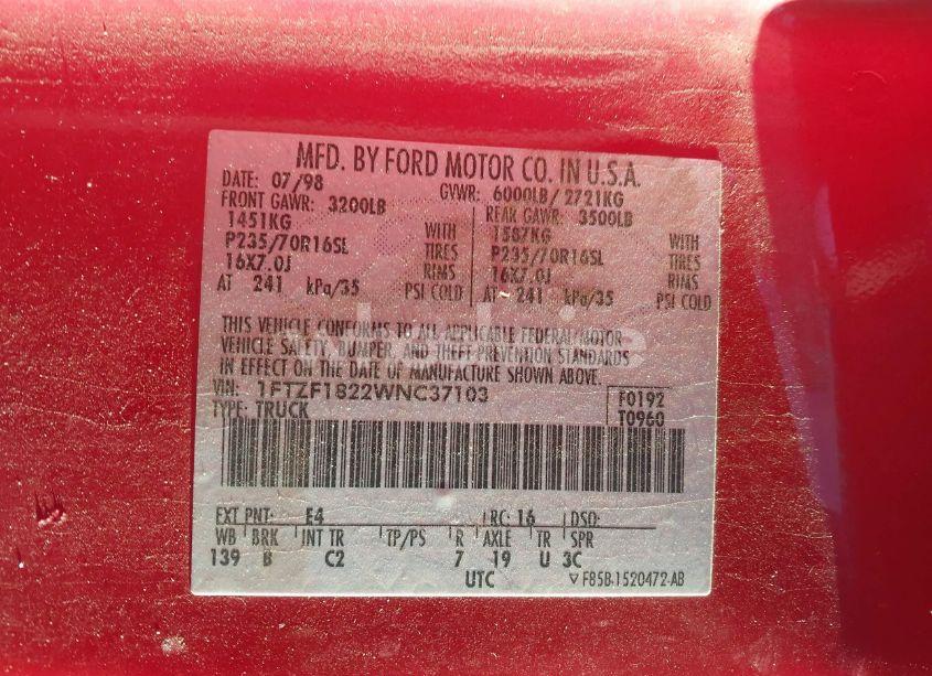 Photo 9 of 1998 Ford F-150 STANDARD/XL/XLT (VIN 1FTZF1822WNC37103)