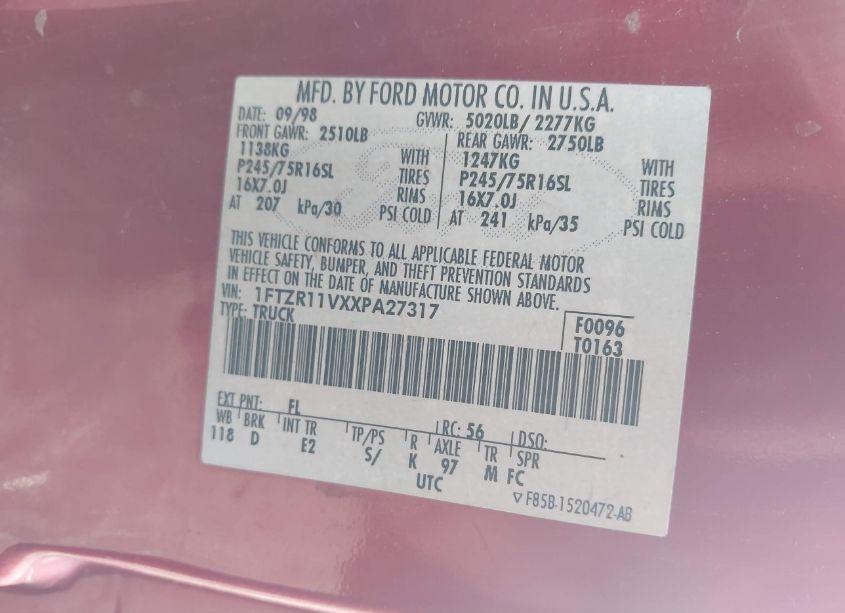 Photo 9 of 1999 Ford Ranger XL/XLT (VIN 1FTZR11VXXPA27317)