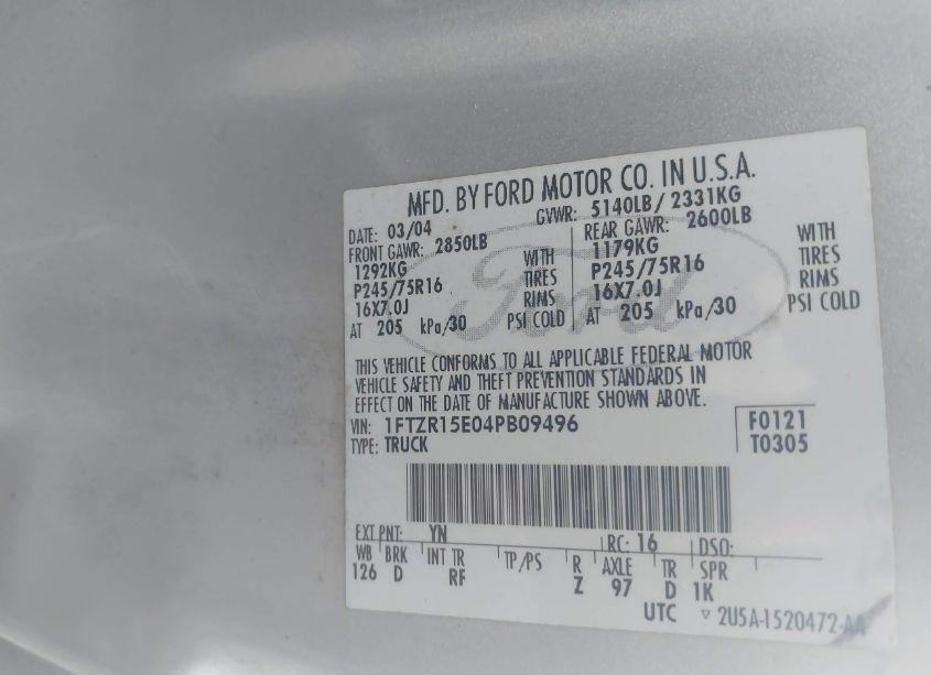 Photo 9 of 2004 Ford Ranger XLT (VIN 1FTZR15E04PB09496)