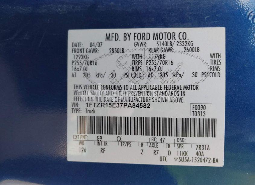 Photo 9 of 2007 Ford Ranger FX4 OFF-ROAD/SPORT/XL/XLT (VIN 1FTZR15E37PA84582)