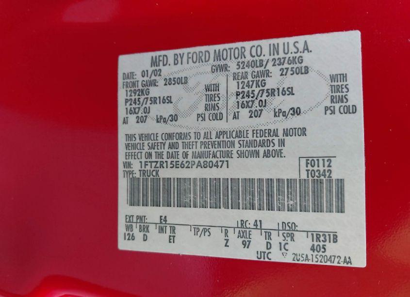 Photo 9 of 2002 Ford Ranger XLT (VIN 1FTZR15E62PA80471)