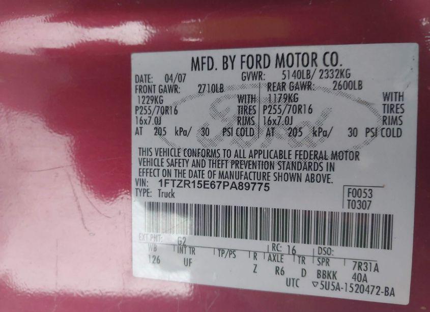 Photo 9 of 2007 Ford Ranger FX4 OFF-ROAD/SPORT/XL/XLT (VIN 1FTZR15E67PA89775)