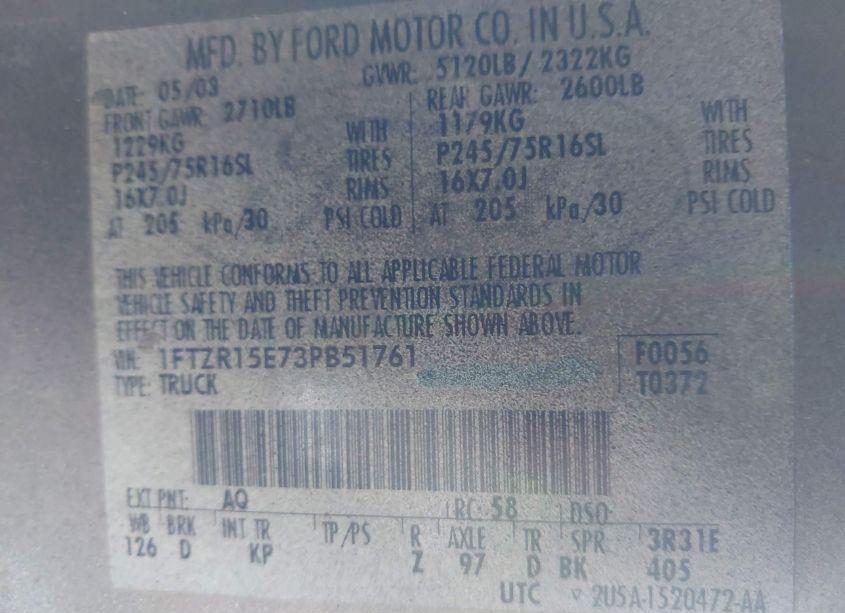 Photo 9 of 2003 Ford Ranger XLT (VIN 1FTZR15E73PB51761)