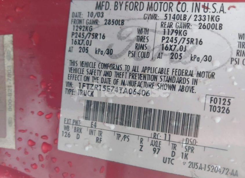 Photo 9 of 2004 Ford Ranger XLT (VIN 1FTZR15E74TA06406)