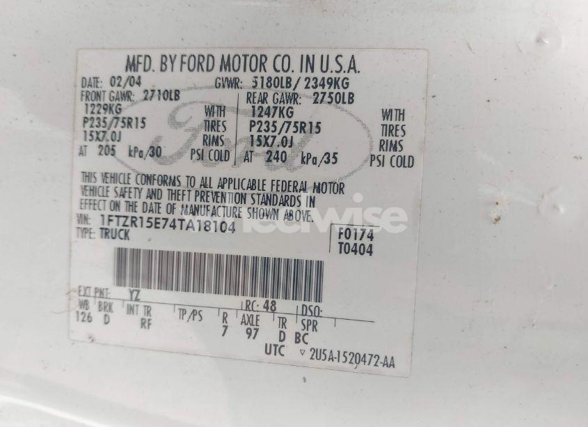 Photo 9 of 2004 Ford Ranger XLT (VIN 1FTZR15E74TA18104)