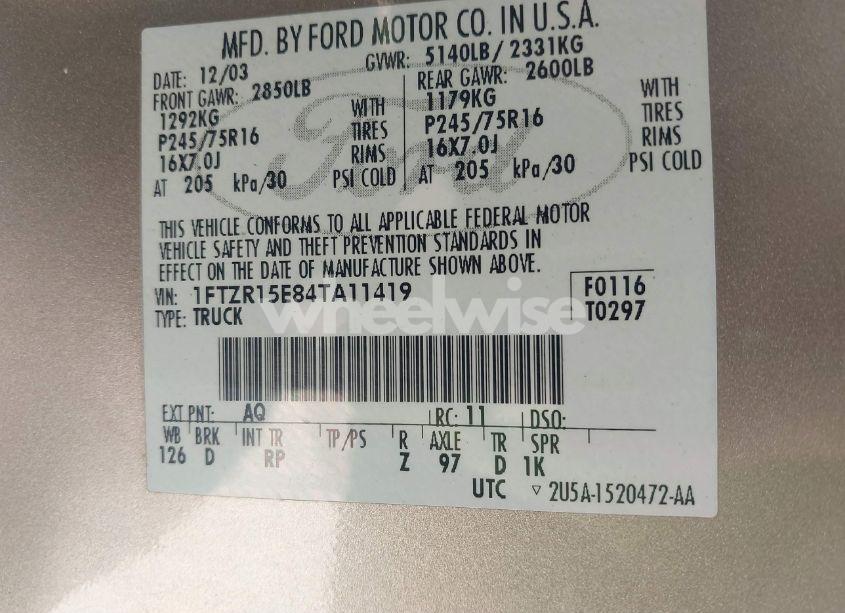 Photo 9 of 2004 Ford Ranger XLT (VIN 1FTZR15E84TA11419)