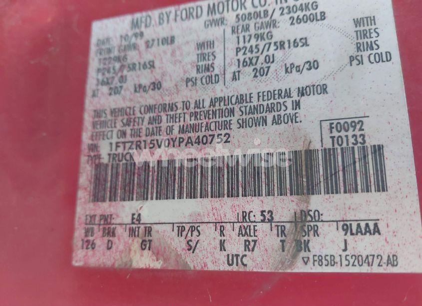 Photo 9 of 2000 Ford Ranger XL/XLT (VIN 1FTZR15V0YPA40752)