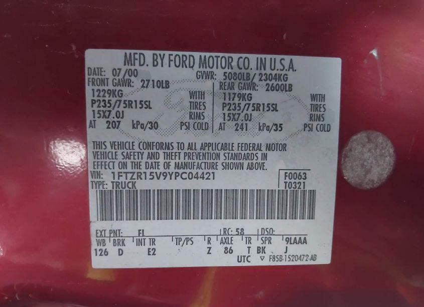 Photo 9 of 2000 Ford Ranger XL/XLT (VIN 1FTZR15V9YPC04421)