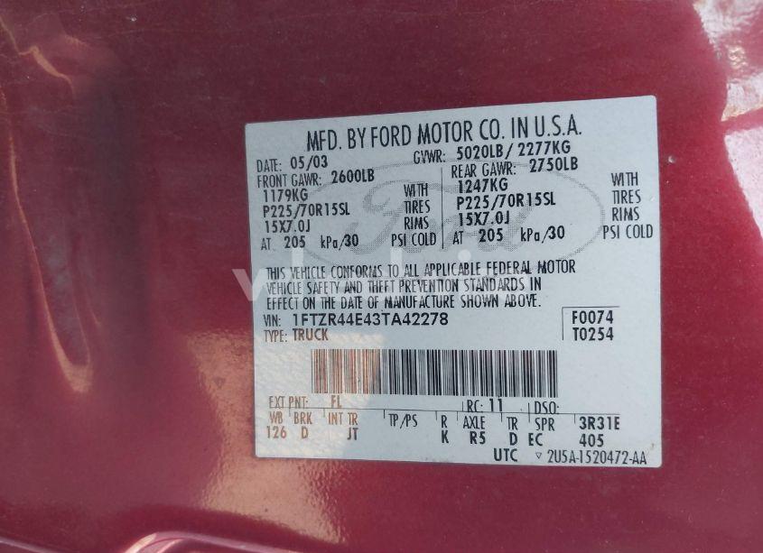 Photo 9 of 2003 Ford Ranger XLT (VIN 1FTZR44E43TA42278)