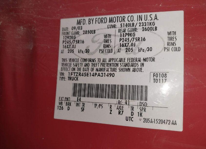 Photo 9 of 2004 Ford Ranger EDGE/TREMOR/XLT (VIN 1FTZR45E14PA31490)