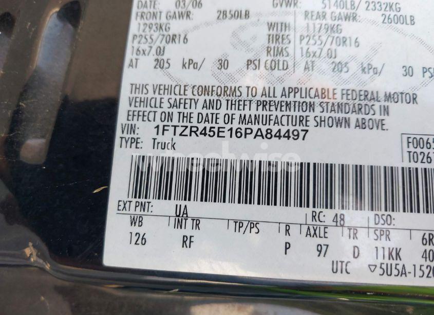 Photo 9 of 2006 Ford Ranger FX4 LEVEL II/FX4 OFF-ROAD/SPORT/XLT (VIN 1FTZR45E16PA84497)