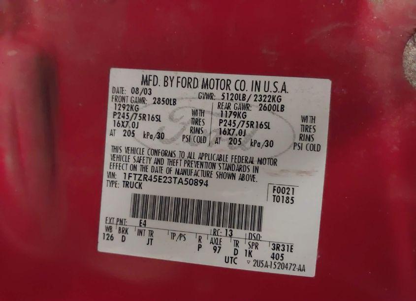 Photo 9 of 2003 Ford Ranger EDGE/XLT/XLT FX4 OFF-ROAD (VIN 1FTZR45E23TA50894)