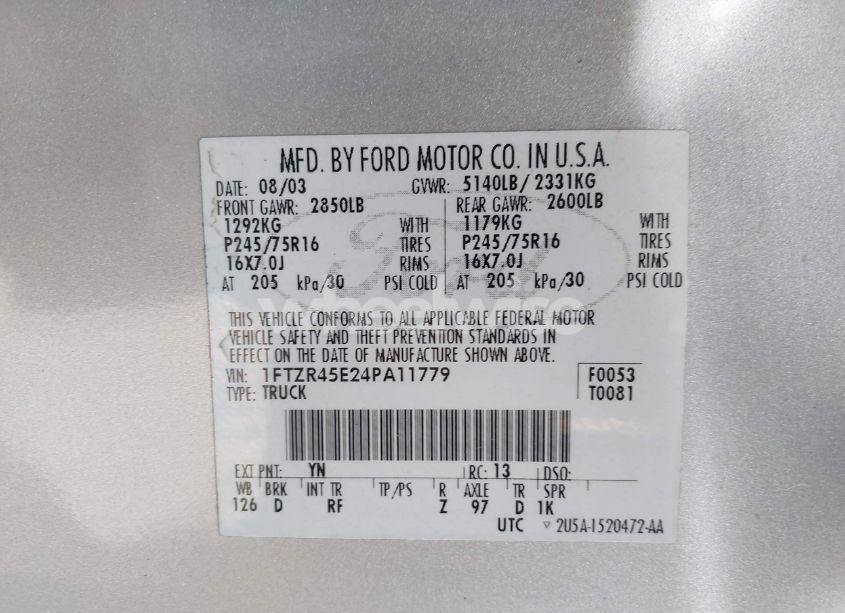 Photo 9 of 2004 Ford Ranger EDGE/TREMOR/XLT (VIN 1FTZR45E24PA11779)