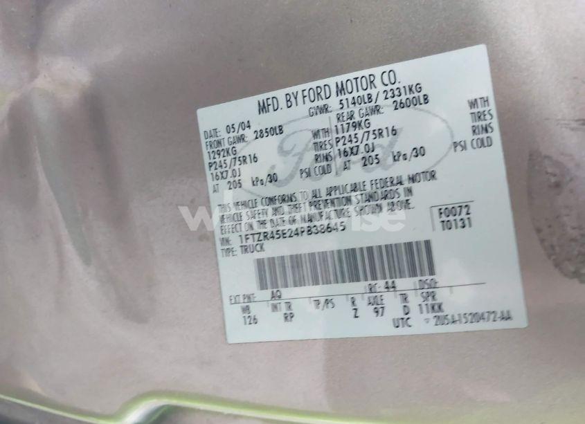 Photo 9 of 2004 Ford Ranger EDGE/TREMOR/XLT (VIN 1FTZR45E24PB38645)