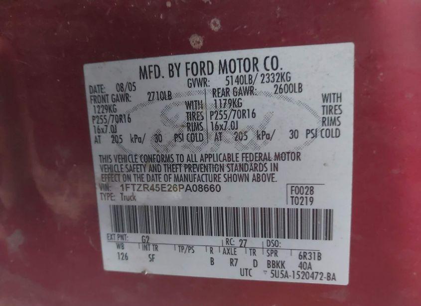 Photo 9 of 2006 Ford Ranger FX4 LEVEL II/FX4 OFF-ROAD/SPORT/XLT (VIN 1FTZR45E26PA08660)