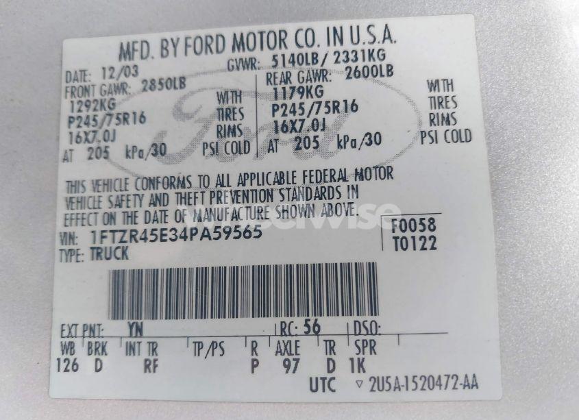 Photo 9 of 2004 Ford Ranger EDGE/TREMOR/XLT (VIN 1FTZR45E34PA59565)