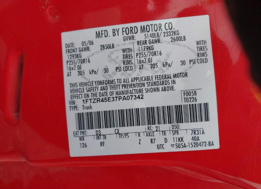 Photo 9 of 2007 Ford Ranger FX4 LEVEL II/FX4 OFF-ROAD/SPORT/XLT (VIN 1FTZR45E37PA07342)