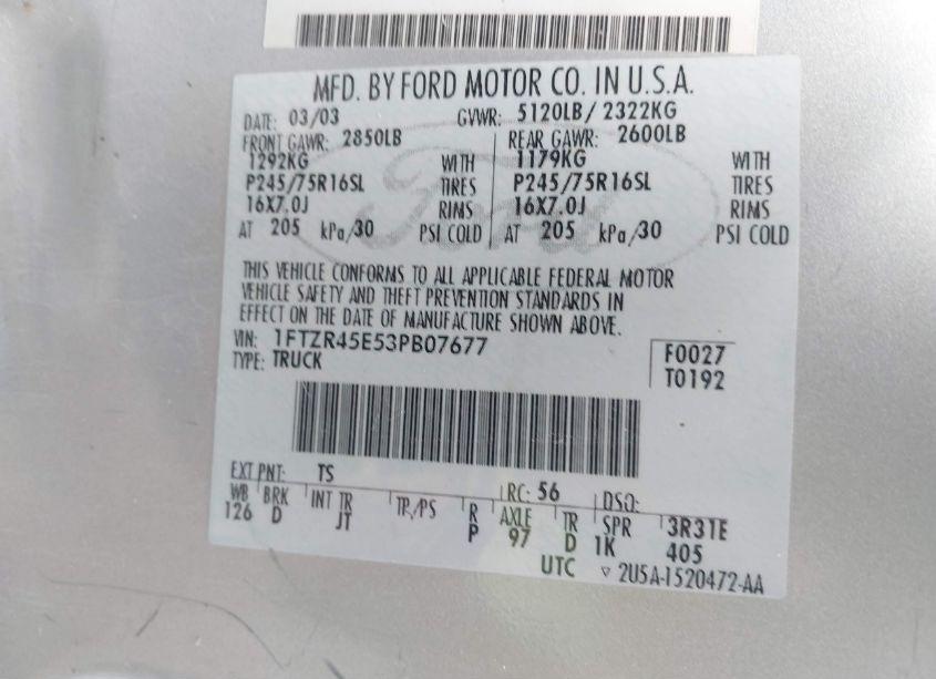 Photo 9 of 2003 Ford Ranger EDGE/XLT/XLT FX4 OFF-ROAD (VIN 1FTZR45E53PB07677)