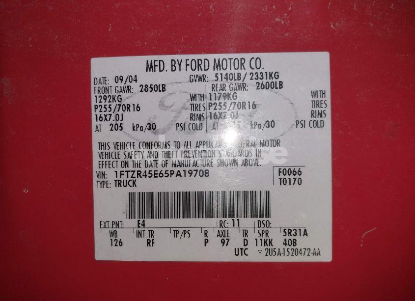 Photo 9 of 2005 Ford Ranger EDGE/FX4 LEVEL II/FX4 OFF-ROAD/XLT (VIN 1FTZR45E65PA19708)
