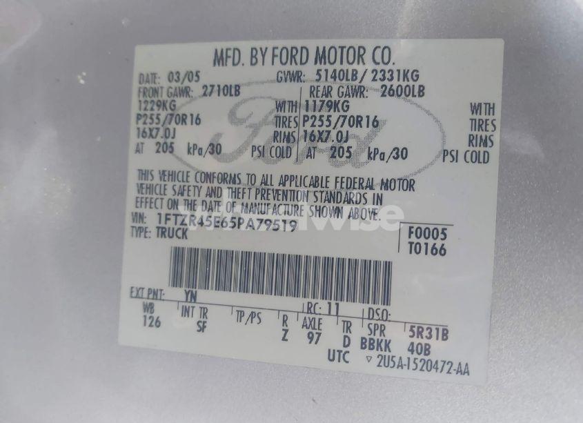 Photo 9 of 2005 Ford Ranger EDGE/FX4 LEVEL II/FX4 OFF-ROAD/XLT (VIN 1FTZR45E65PA79519)