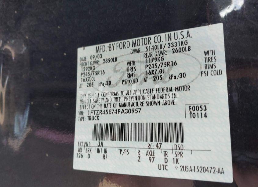 Photo 9 of 2004 Ford Ranger (VIN 1FTZR45E74PA30957)