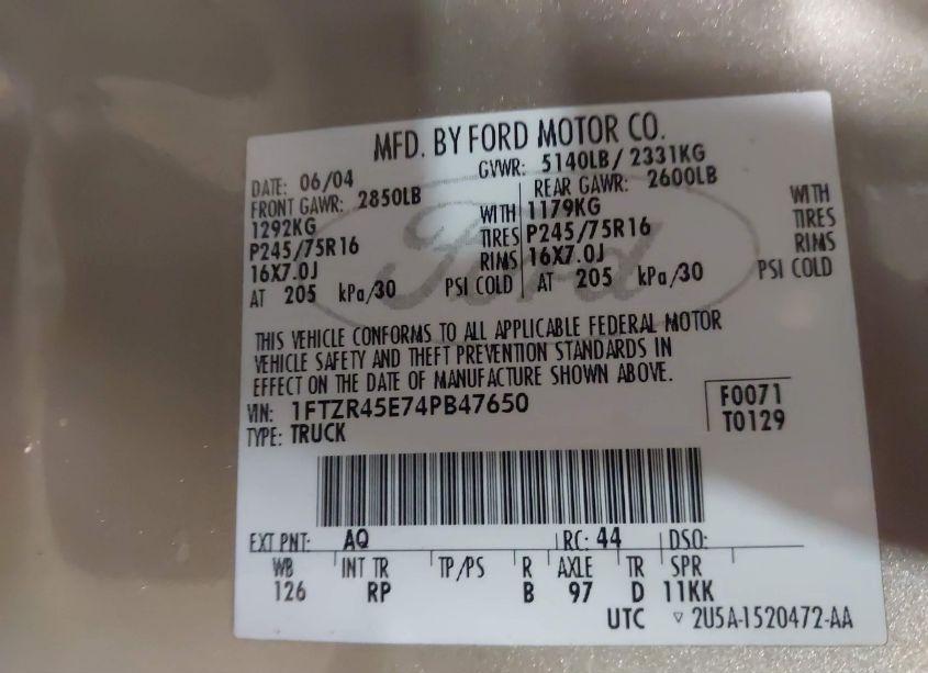 Photo 9 of 2004 Ford Ranger EDGE/TREMOR/XLT (VIN 1FTZR45E74PB47650)