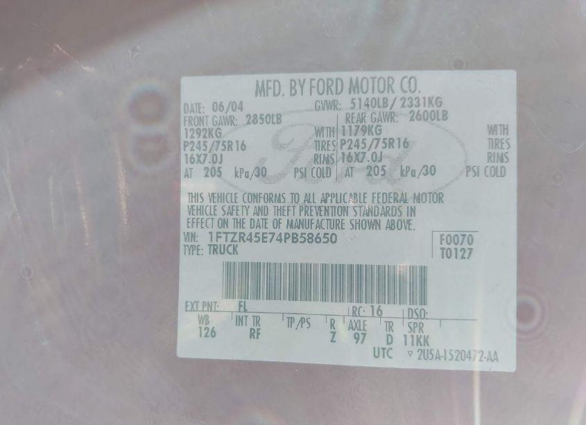 Photo 9 of 2004 Ford Ranger EDGE/TREMOR/XLT (VIN 1FTZR45E74PB58650)