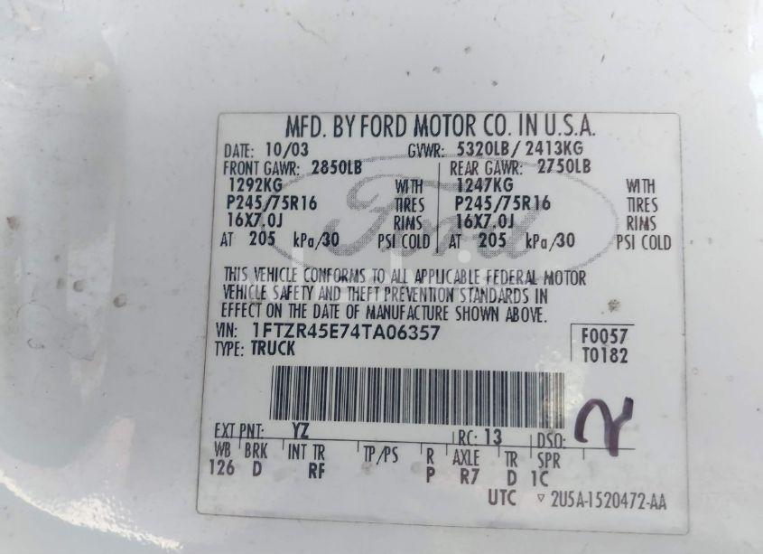 Photo 9 of 2004 Ford Ranger EDGE/TREMOR/XLT (VIN 1FTZR45E74TA06357)