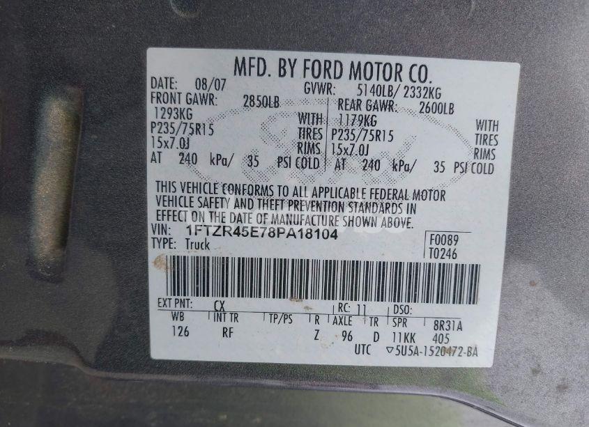 Photo 9 of 2008 Ford Ranger FX4 OFF-ROAD/SPORT/XLT (VIN 1FTZR45E78PA18104)