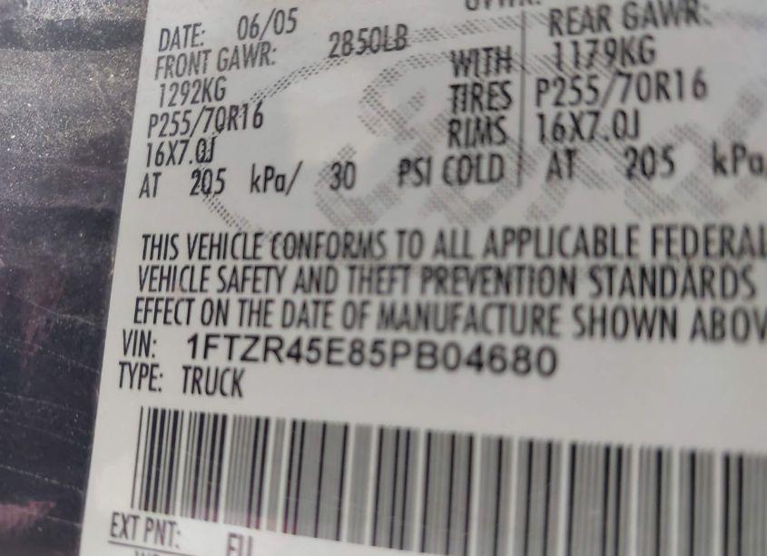Photo 9 of 2005 Ford Ranger EDGE/FX4 LEVEL II/FX4 OFF-ROAD/XLT (VIN 1FTZR45E85PB04680)