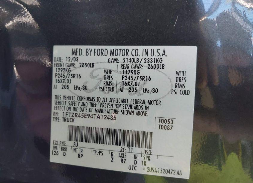 Photo 9 of 2004 Ford Ranger EDGE/TREMOR/XLT (VIN 1FTZR45E94TA12435)