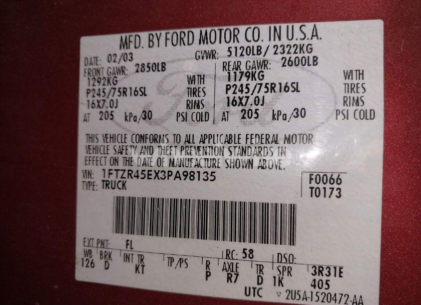 Photo 9 of 2003 Ford Ranger EDGE/XLT (VIN 1FTZR45EX3PA98135)