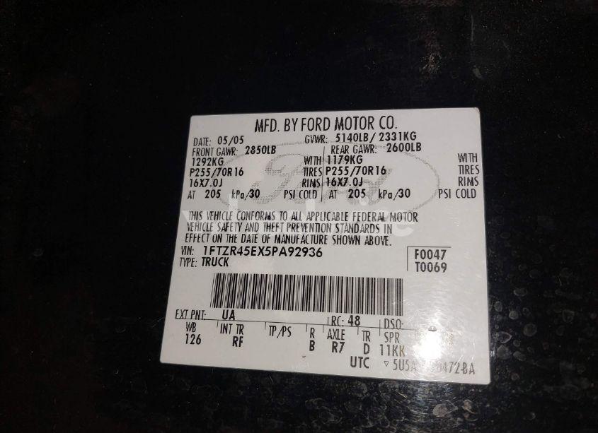 Photo 9 of 2005 Ford Ranger EDGE/FX4 LEVEL II/FX4 OFF-ROAD/XLT (VIN 1FTZR45EX5PA92936)