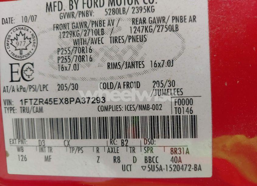 Photo 9 of 2008 Ford Ranger XLT (VIN 1FTZR45EX8PA37293)