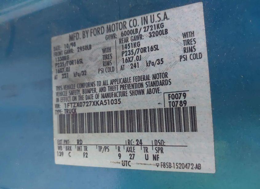 Photo 9 of 1999 Ford F-150 XL/XLT (VIN 1FTZX0727XKA51035)