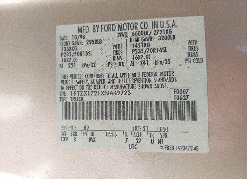 Photo 9 of 1999 Ford F-150 WORK SERIES/XL/XLT (VIN 1FTZX1721XNA49723)